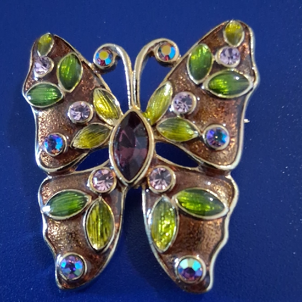 Vintage Butterfly Brooch with Green and Purple Gems